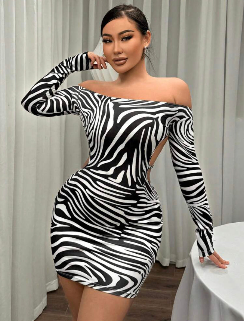 MY DEAL SEXY Ladies' Zebra Print Backless Off Shoulder Dress