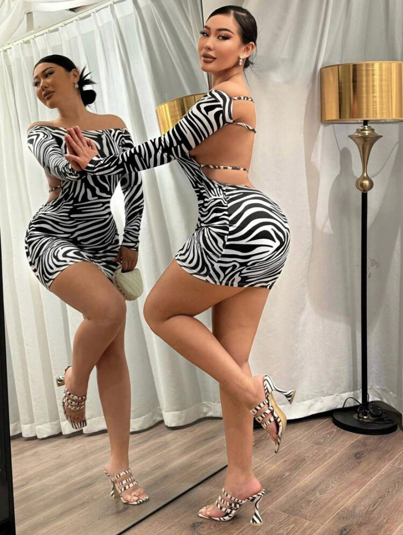 MY DEAL SEXY Ladies' Zebra Print Backless Off Shoulder Dress