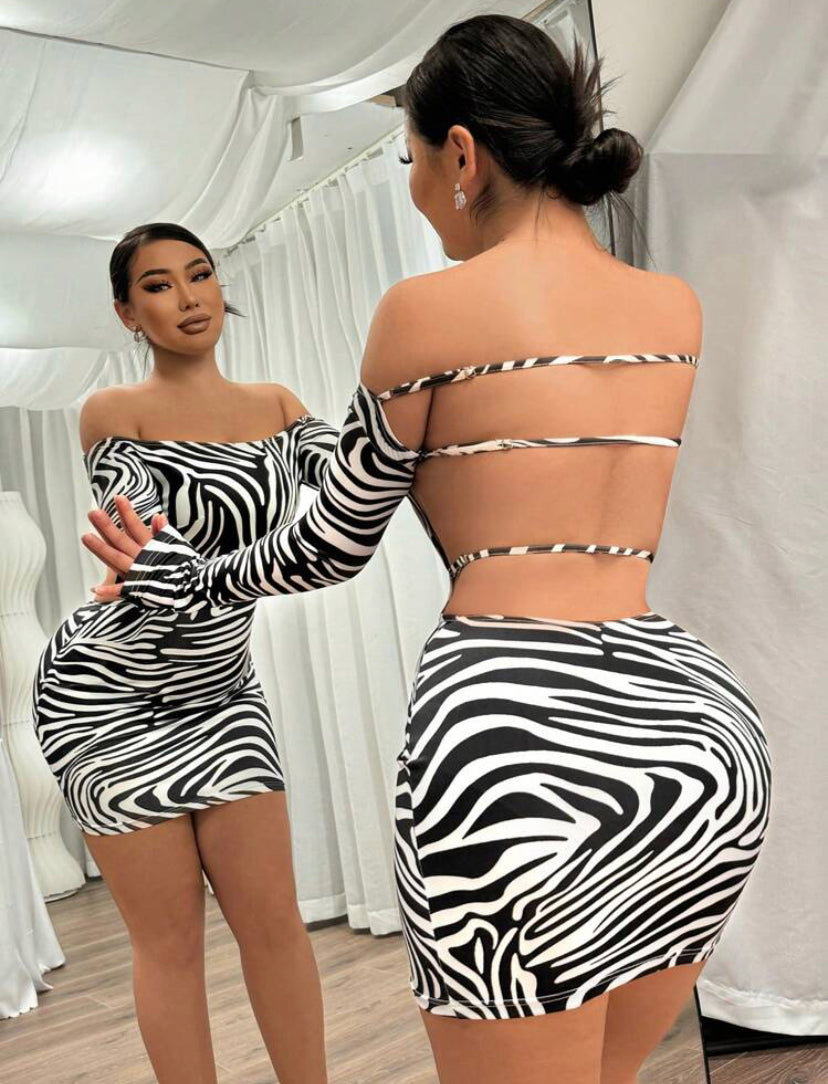 MY DEAL SEXY Ladies' Zebra Print Backless Off Shoulder Dress