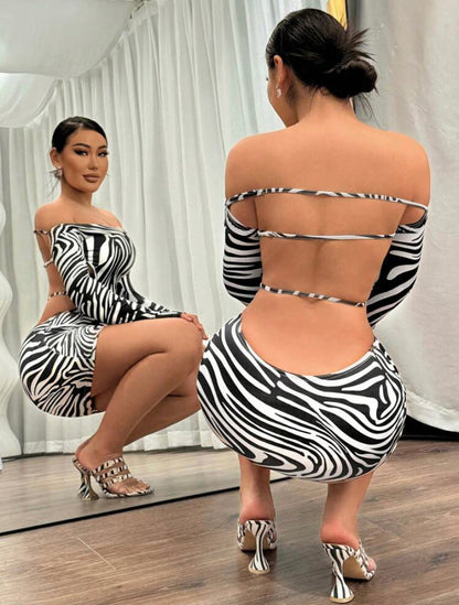 MY DEAL SEXY Ladies' Zebra Print Backless Off Shoulder Dress