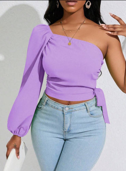 One Shoulder Lantern Sleeve Knot Side Crop Blouse