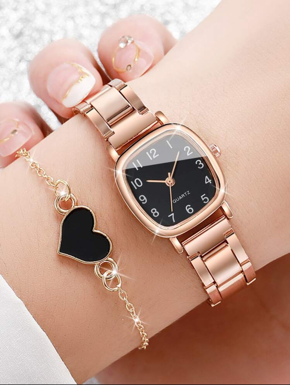 2pcs/Set Ladies' Steel Strap Square Fashionable Minimalist Small Dial Quartz Watch + Bracelet Holiday As A Gift For Students Returning To School