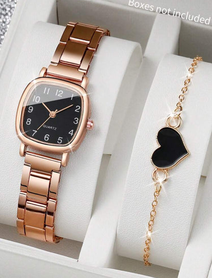 2pcs/Set Ladies' Steel Strap Square Fashionable Minimalist Small Dial Quartz Watch + Bracelet Holiday As A Gift For Students Returning To School