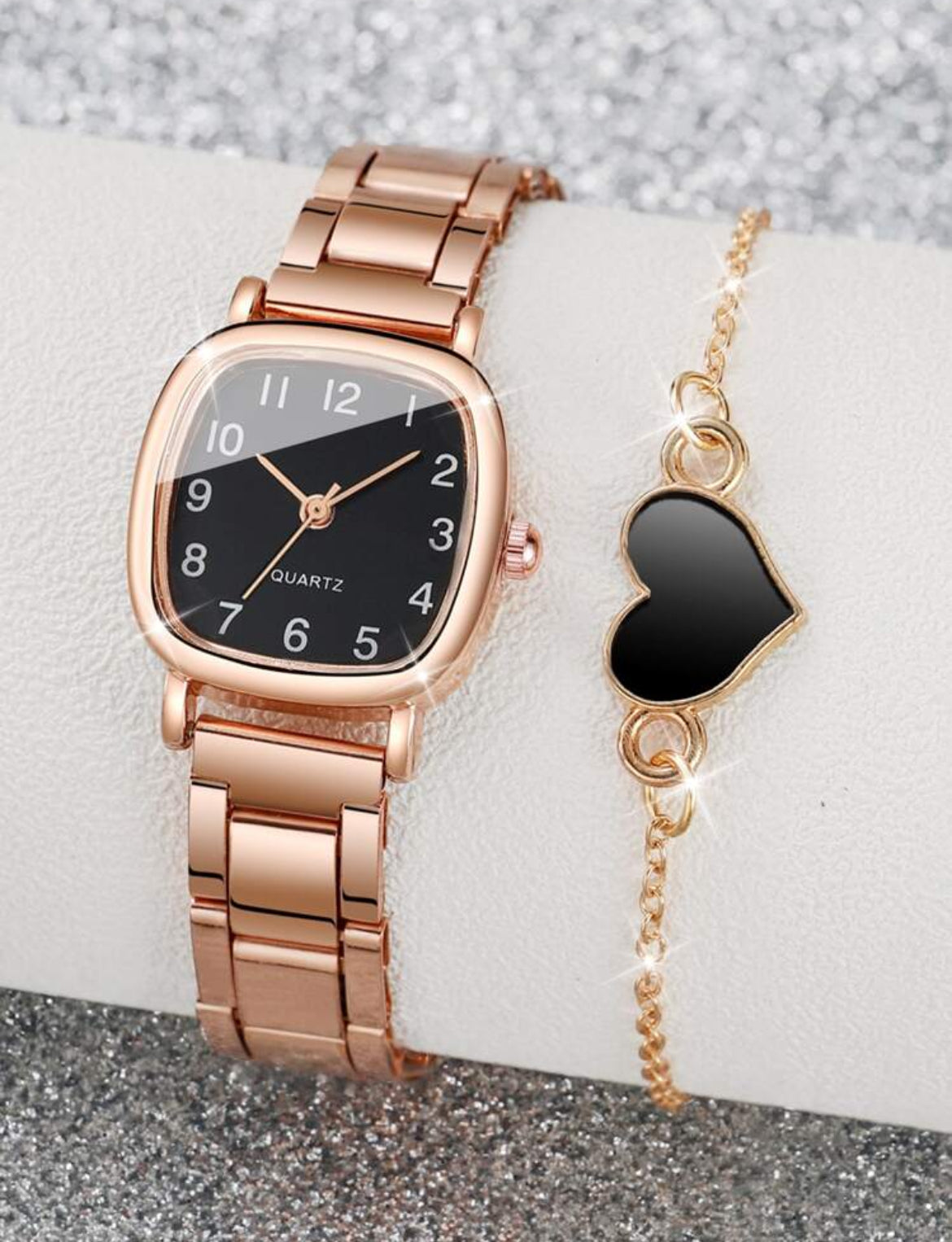 2pcs/Set Ladies' Steel Strap Square Fashionable Minimalist Small Dial Quartz Watch + Bracelet Holiday As A Gift For Students Returning To School