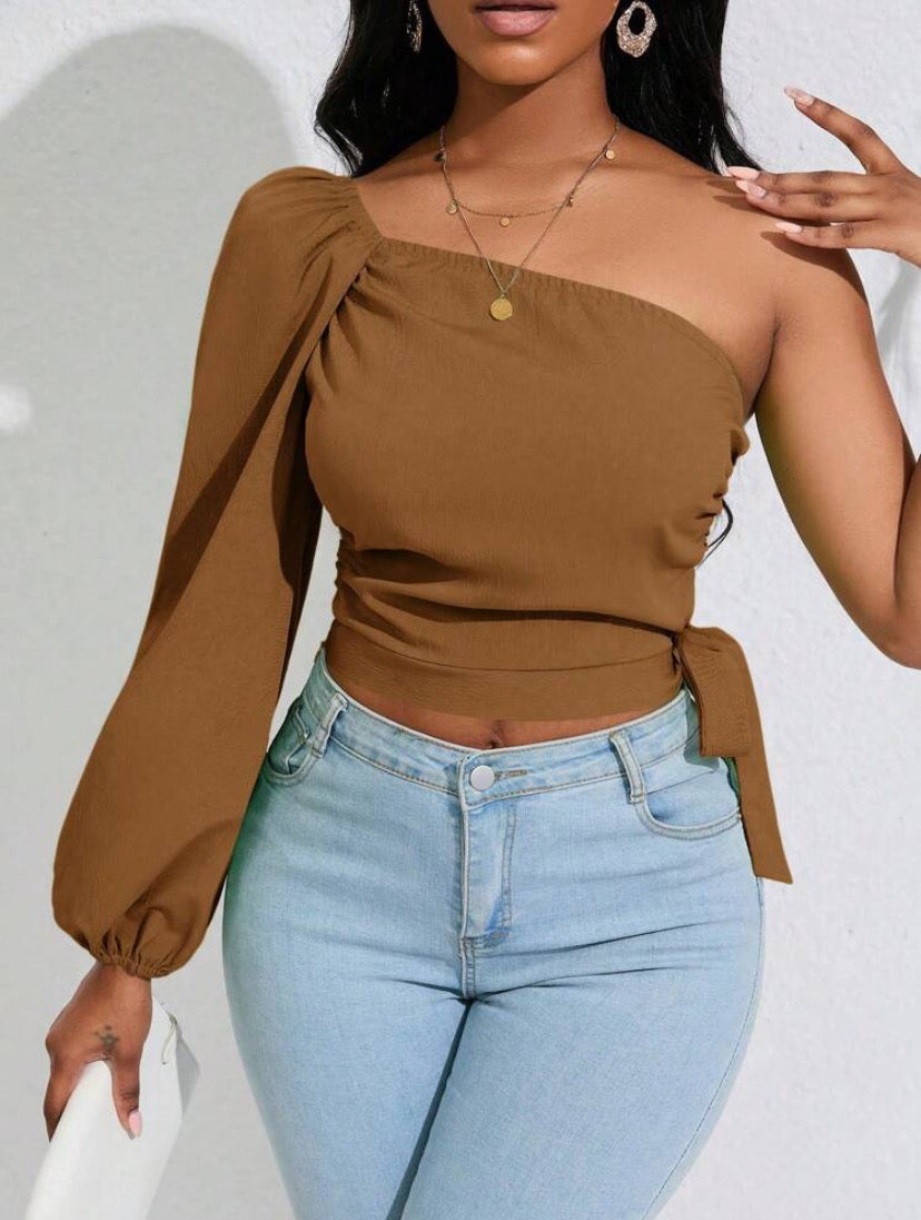 One Shoulder Lantern Sleeve Knot Side Crop Blouse