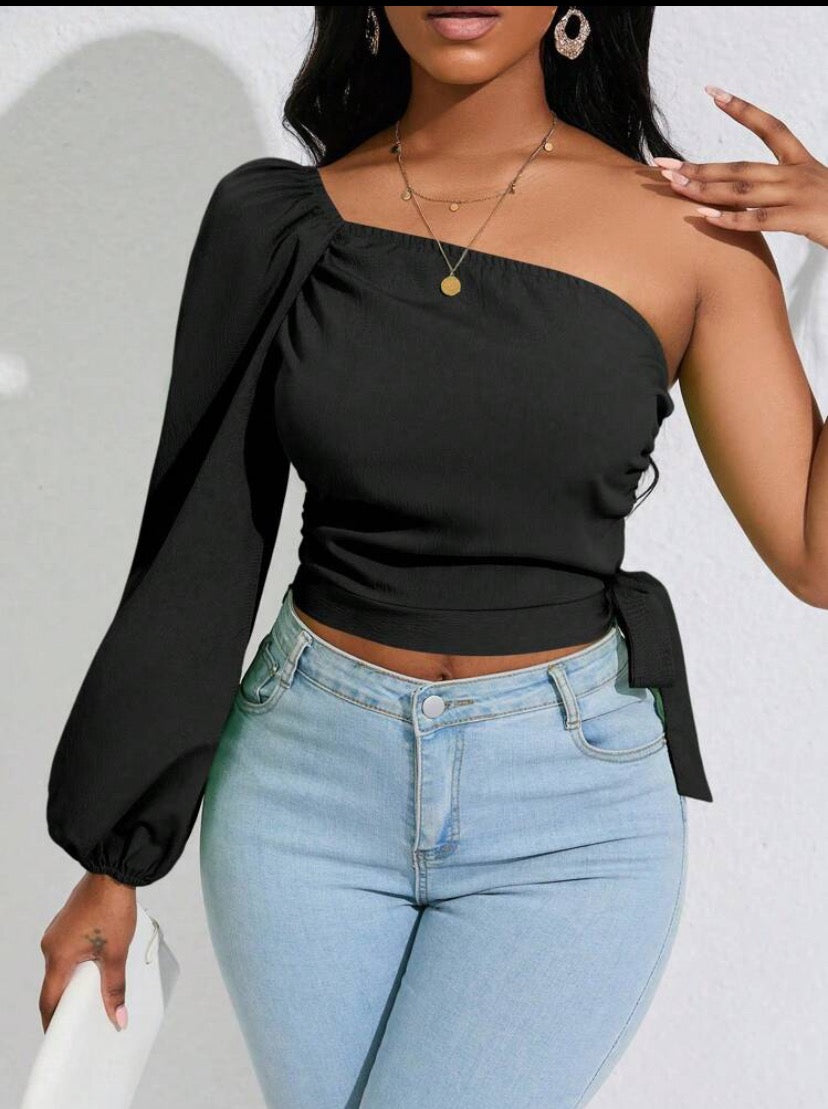 One Shoulder Lantern Sleeve Knot Side Crop Blouse