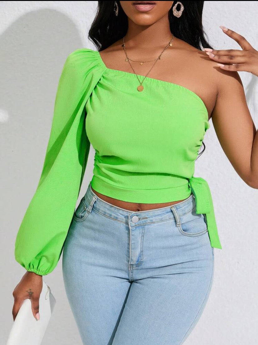 One Shoulder Lantern Sleeve Knot Side Crop Blouse