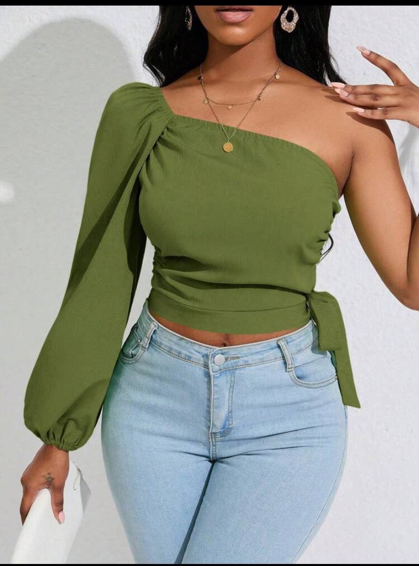 One Shoulder Lantern Sleeve Knot Side Crop Blouse