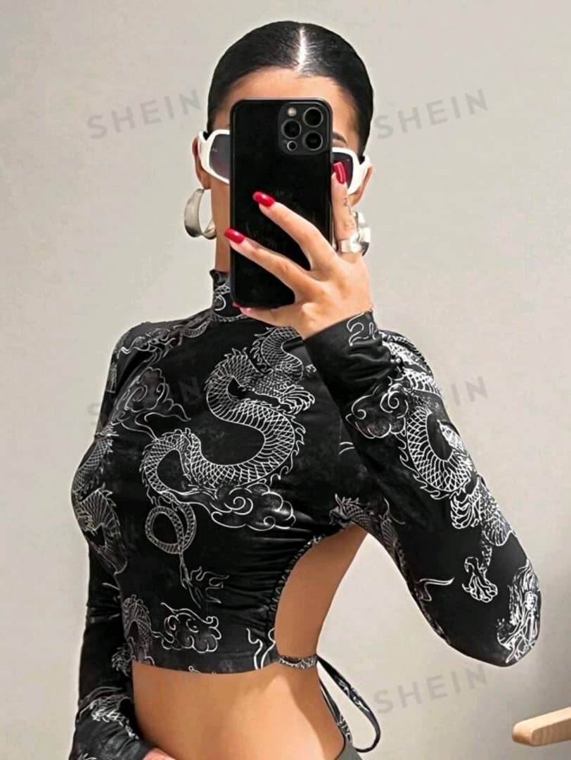 ICON Chinese Dragon Graphic Mock Neck Backless Knot Black Crop Tee