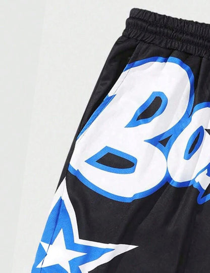 ROMWE Prep Men's Star & Letter Printed Drawstring Waist Basketball Shorts