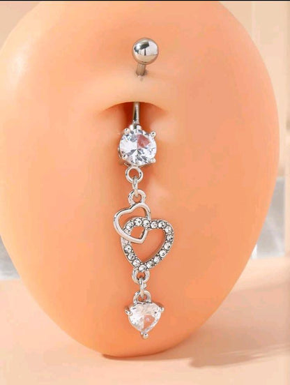 1pc Double Heart Shaped Cubic Zirconia Belly Button Ring Piercing Jewelry For Women