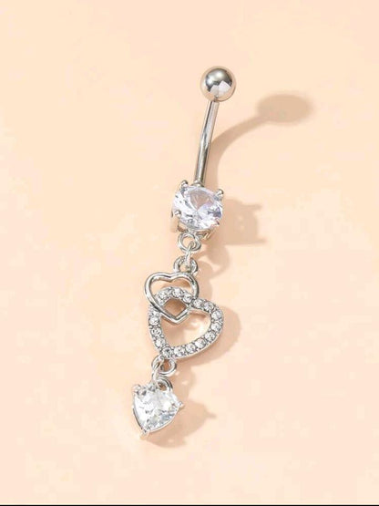 1pc Double Heart Shaped Cubic Zirconia Belly Button Ring Piercing Jewelry For Women