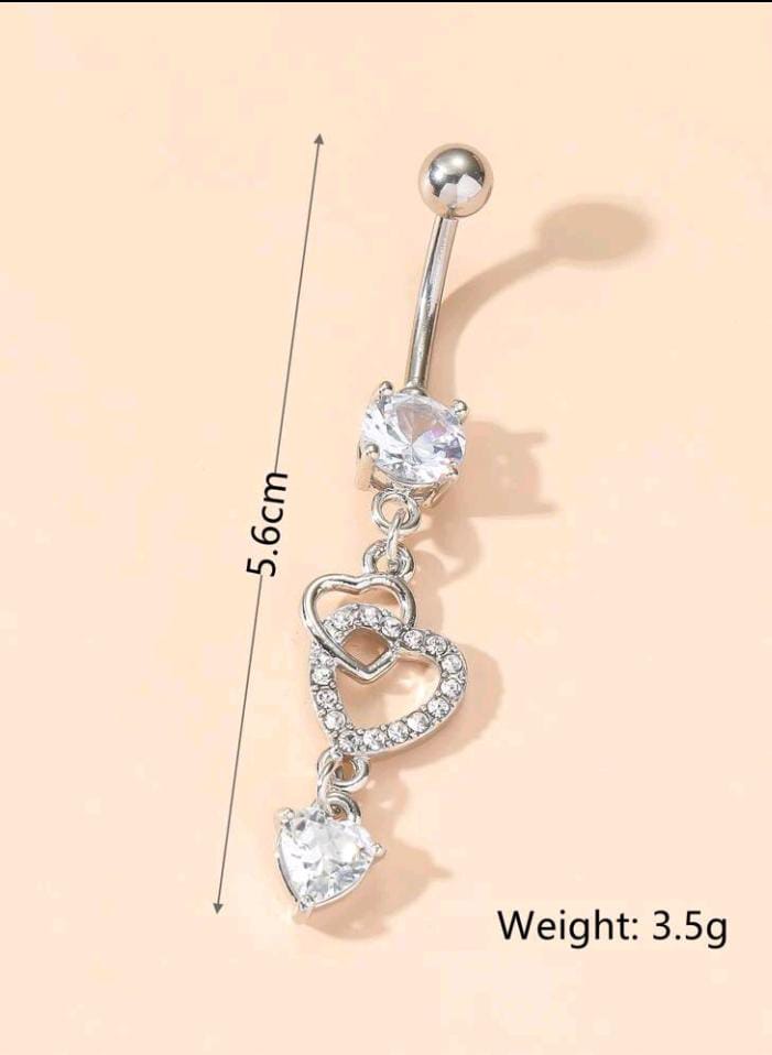 1pc Double Heart Shaped Cubic Zirconia Belly Button Ring Piercing Jewelry For Women