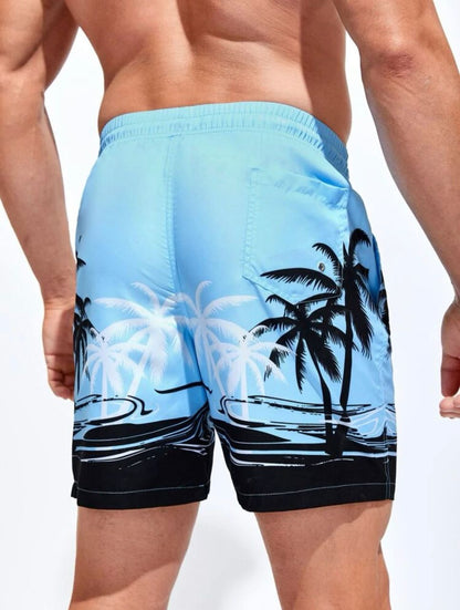 Manfinity Swimmode Men Coconut Tree Print Drawstring Waist Swim Trunks