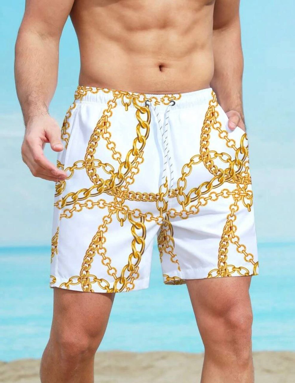 Manfinity Swimmode Men Chain Print Drawstring Waist Swim Trunks