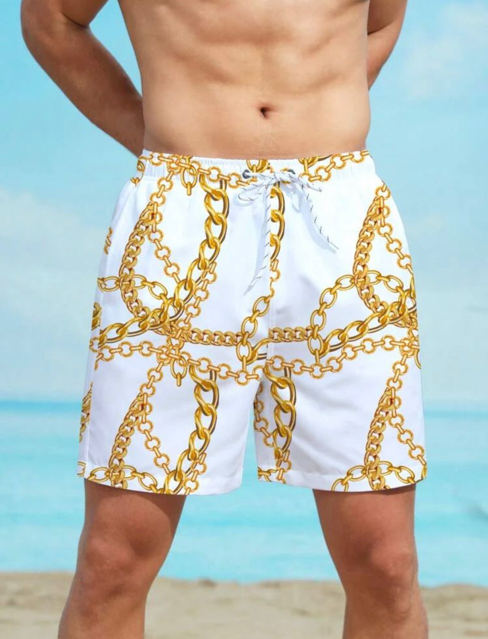 Manfinity Swimmode Men Chain Print Drawstring Waist Swim Trunks