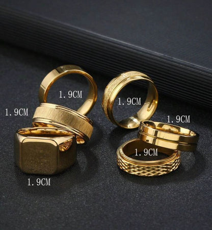 6pcs/Set Stylish Stainless Steel Standing Aspect Rhombus Decoration Gold Men's Ring Set Suitable For Men's Daily Use Gift Jewellery