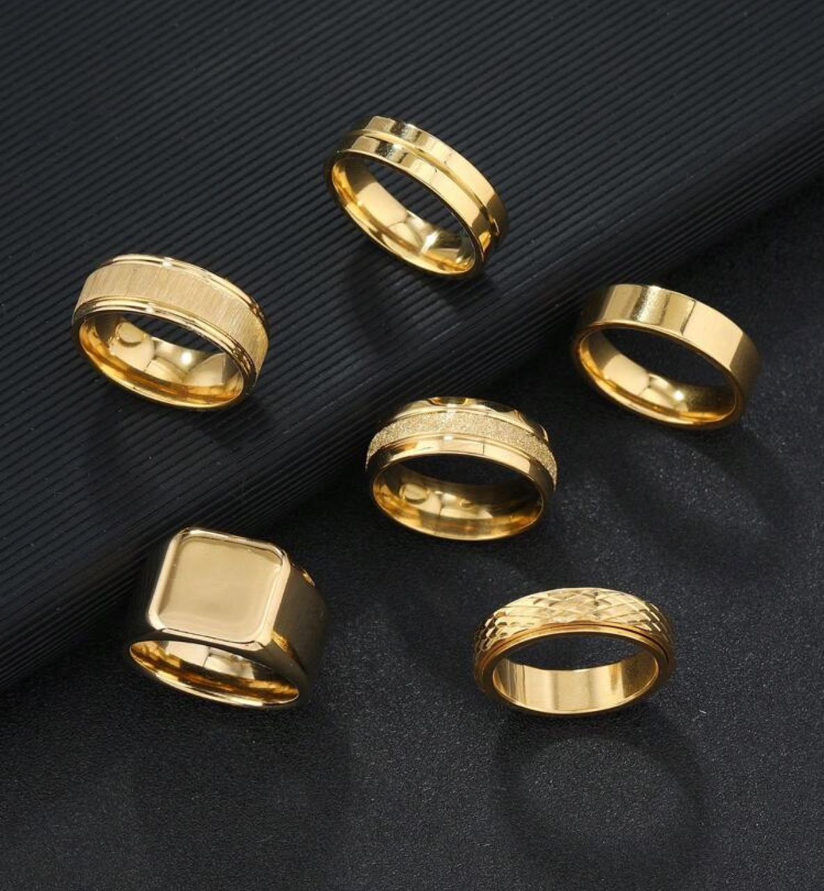 6pcs/Set Stylish Stainless Steel Standing Aspect Rhombus Decoration Gold Men's Ring Set Suitable For Men's Daily Use Gift Jewellery