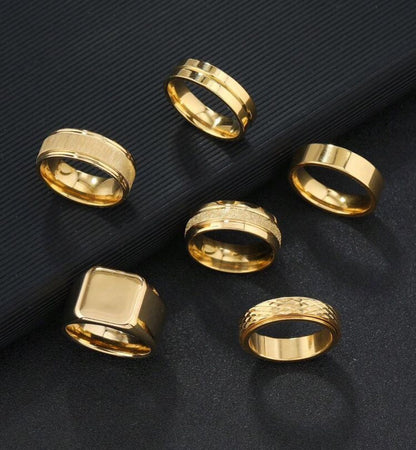 6pcs/Set Stylish Stainless Steel Standing Aspect Rhombus Decoration Gold Men's Ring Set Suitable For Men's Daily Use Gift Jewellery