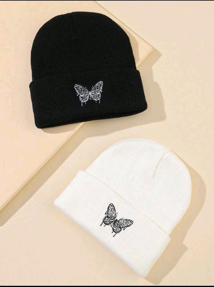 Rat Studio Dark 2pcs Street Style Butterfly Embroidery Knitted Beanie Hat Casual