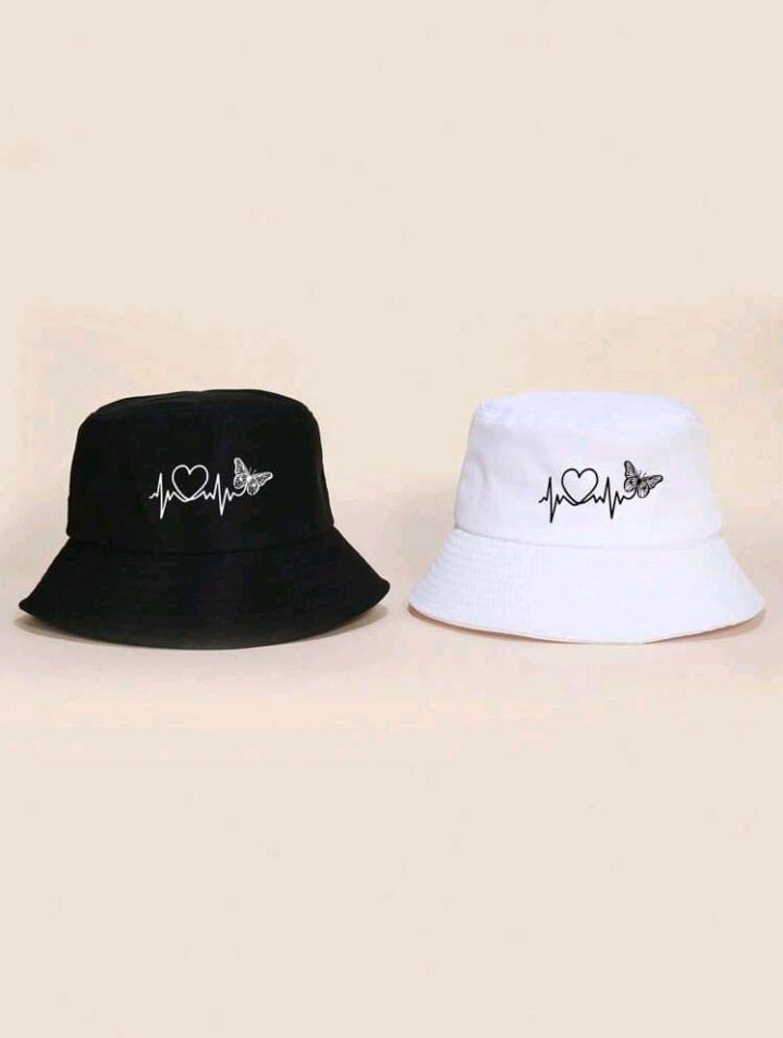 2pcs(1pair) Unisex Black & White Butterfly Love Design Couple Fisherman Hat, Fashionable & Warm, Suitable For Outdoor Activities & Daily Life & Holidays Casual