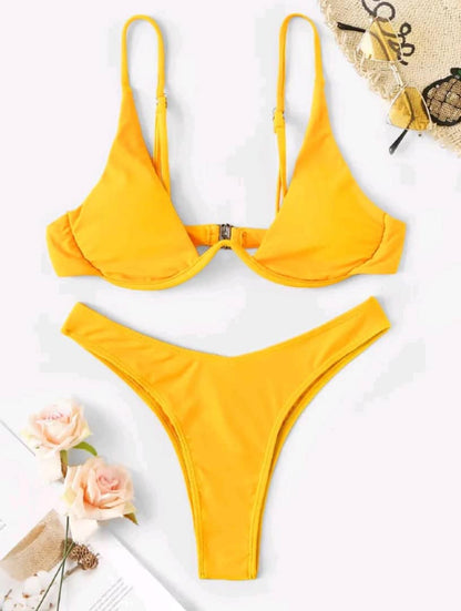 Swim Summer Beach Plain Underwire High Cut Bikini Swimsuit