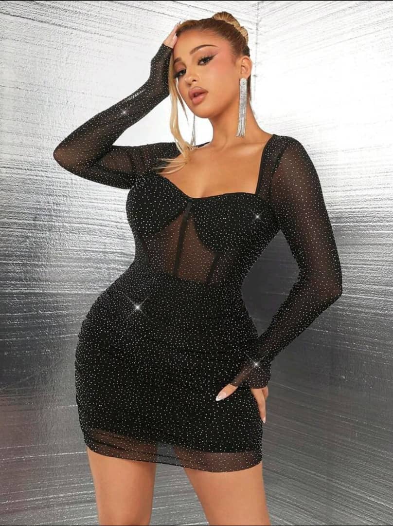 SXY Ladies' Mesh Rhinestone See-Through Sexy Mini Dress For Date Night