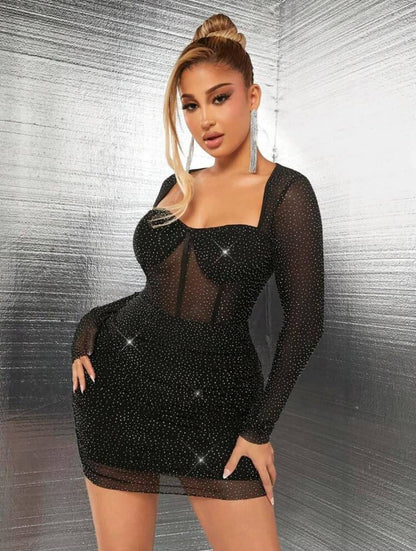 SXY Ladies' Mesh Rhinestone See-Through Sexy Mini Dress For Date Night