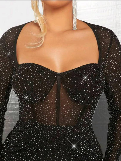 SXY Ladies' Mesh Rhinestone See-Through Sexy Mini Dress For Date Night