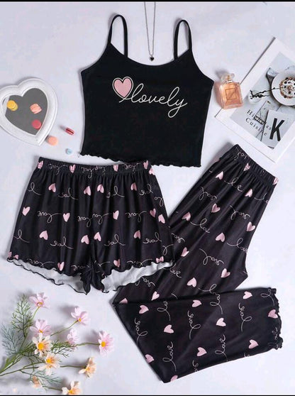 3pcs Heart & Letter Graphic Lettuce Trim PJ Set