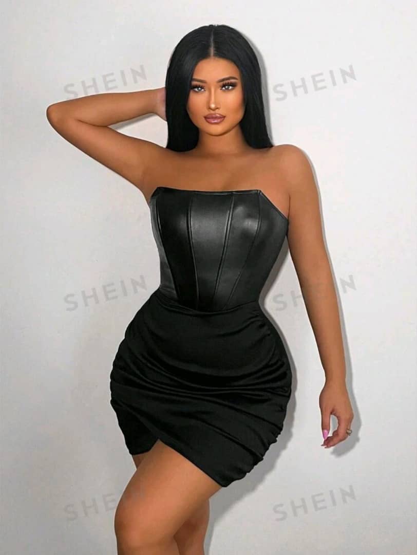 SXY Solid Ruched Side Tulip Hem PU Leather Tube Bodycon Dress