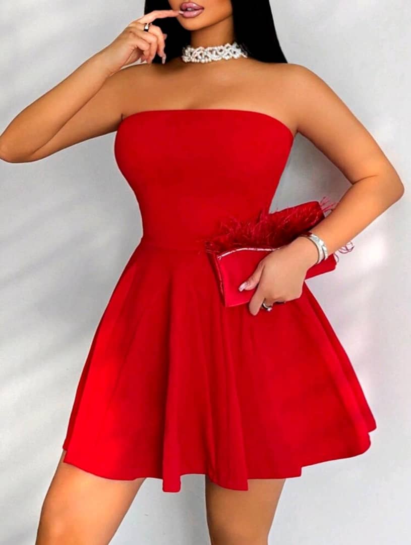 SXY Women Summer Solid Color Strapless A-Line Mini Dress With Drawstring Waist