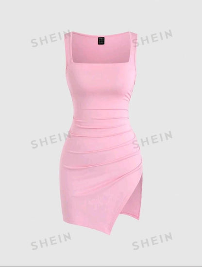 EZwear Summer Casual Solid Color Sleeveless Irregular Hem Bodycon Dress With Split And Square  Neckline