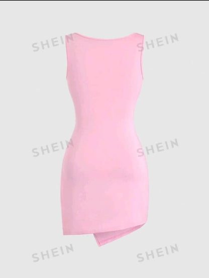 EZwear Summer Casual Solid Color Sleeveless Irregular Hem Bodycon Dress With Split And Square  Neckline