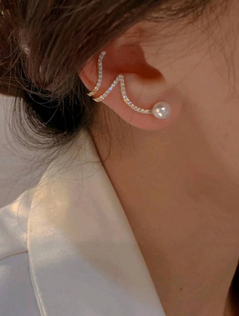 1pair Elegant And Simple Wave-Shaped Faux Pearl And Rhinestone Ear Studs Suitable For Women's Daily, Festivals Or Parties