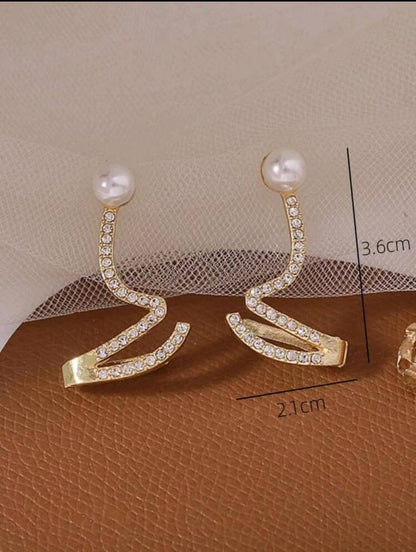 1pair Elegant And Simple Wave-Shaped Faux Pearl And Rhinestone Ear Studs Suitable For Women's Daily, Festivals Or Parties