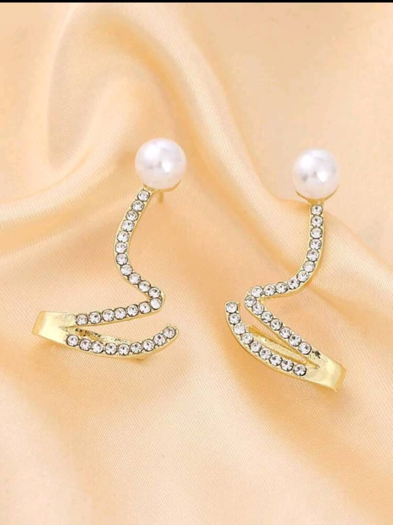 1pair Elegant And Simple Wave-Shaped Faux Pearl And Rhinestone Ear Studs Suitable For Women's Daily, Festivals Or Parties