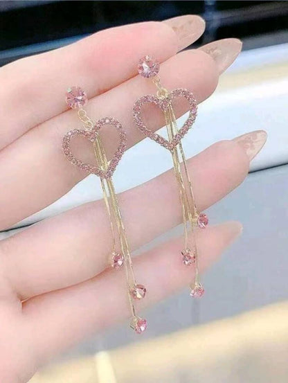 Fashionable Pink Heart & Tassel Dangle Earrings With Heart-shaped Pendant And Shiny Elements, Women's Charming Earrings