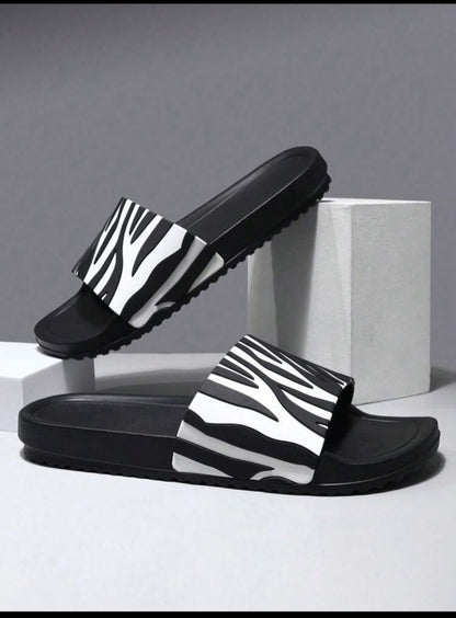 Men's Fashionable EVA Zebra Stripe Slippers, Casual Non-Slip Slides, Open Toe Shoes, Suitable For Indoor Outdoor Beach Shower, Large Size Couples' Flip-Flops For Spring And Summer