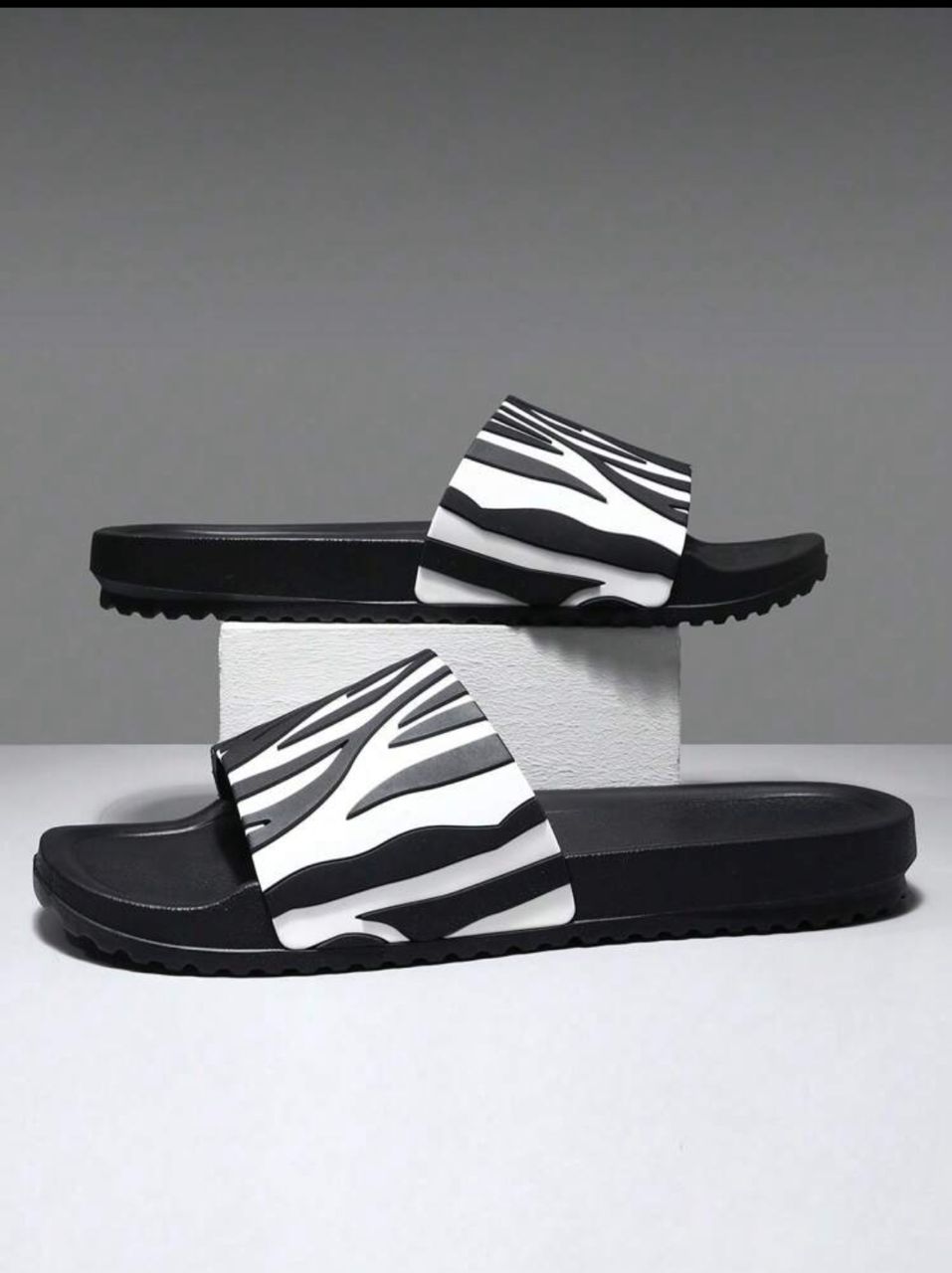 Men's Fashionable EVA Zebra Stripe Slippers, Casual Non-Slip Slides, Open Toe Shoes, Suitable For Indoor Outdoor Beach Shower, Large Size Couples' Flip-Flops For Spring And Summer