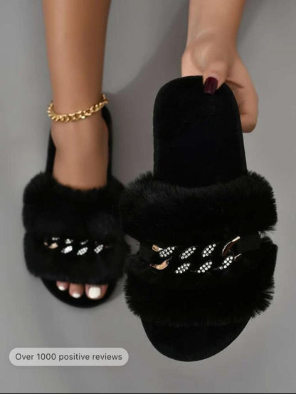 Rhinestone & Chain Decor Fluffy Bedroom Slippers