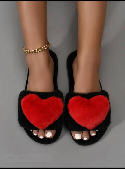 Heart Decor Home Slippers,Women's indoor minimalist style warm artificial fur material red heart decoration home slippers with crossed straps, exposed toe flat black slippers