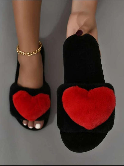 Heart Decor Home Slippers,Women's indoor minimalist style warm artificial fur material red heart decoration home slippers with crossed straps, exposed toe flat black slippers