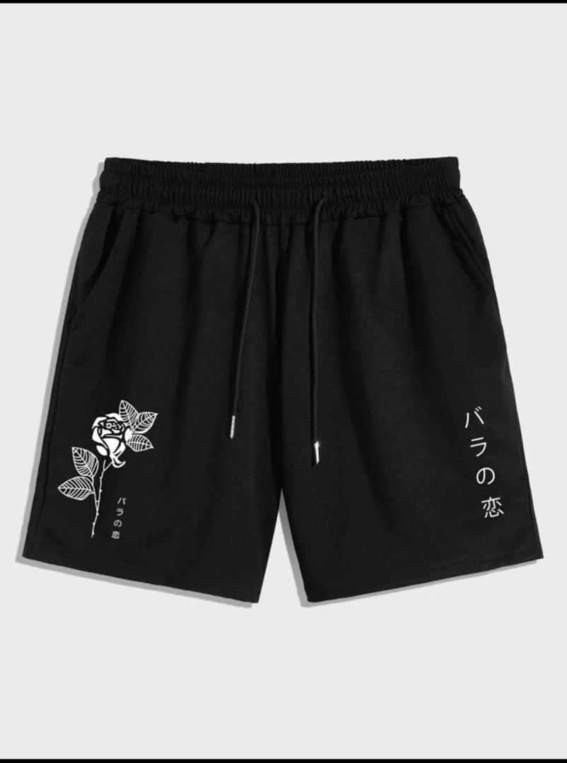 Manfinity Hypemode Loose Fit Men's Floral & Japanese Letter Printed Shorts With Drawstring Waist