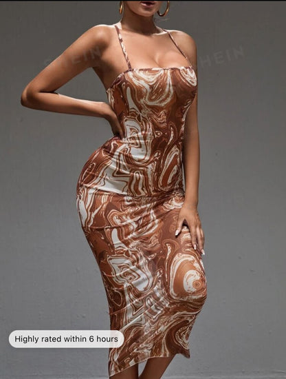 SXY Marble Print Criss-cross Tie Back Mesh Bodycon Dress