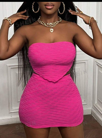 Slayr Leisure Holiday Pink Sleeveless Bodycon Bandeau Top And Mini Skirt Set For Women