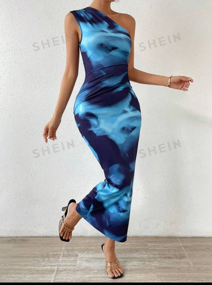 VCAY Tie Dye One Shoulder Ruched Side Asymmetrical Hem Bodycon Dress