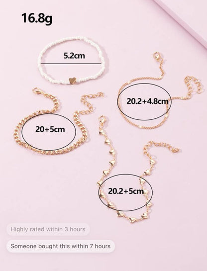 4pcs Bead & Heart Decor Anklet