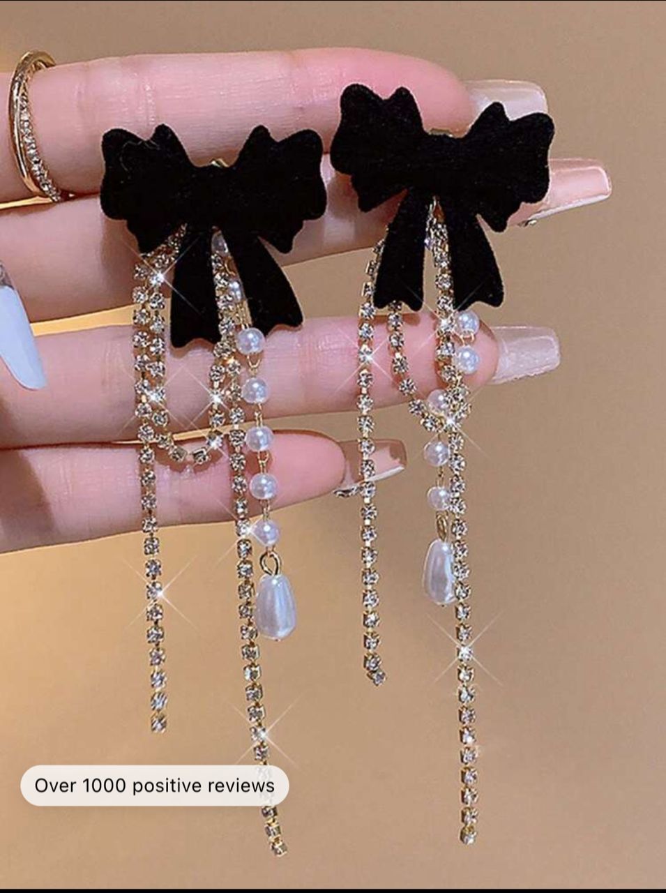 2pcs Black Bowknot Faux Pearl Pendant Earrings, Luxurious Rhinestone Chain Tassel Earrings, Long Trendy & Elegant Dangler For Women's Daily Wear, Parties, Gifts And Festive Occasions In New Arrival Jewelry Collection