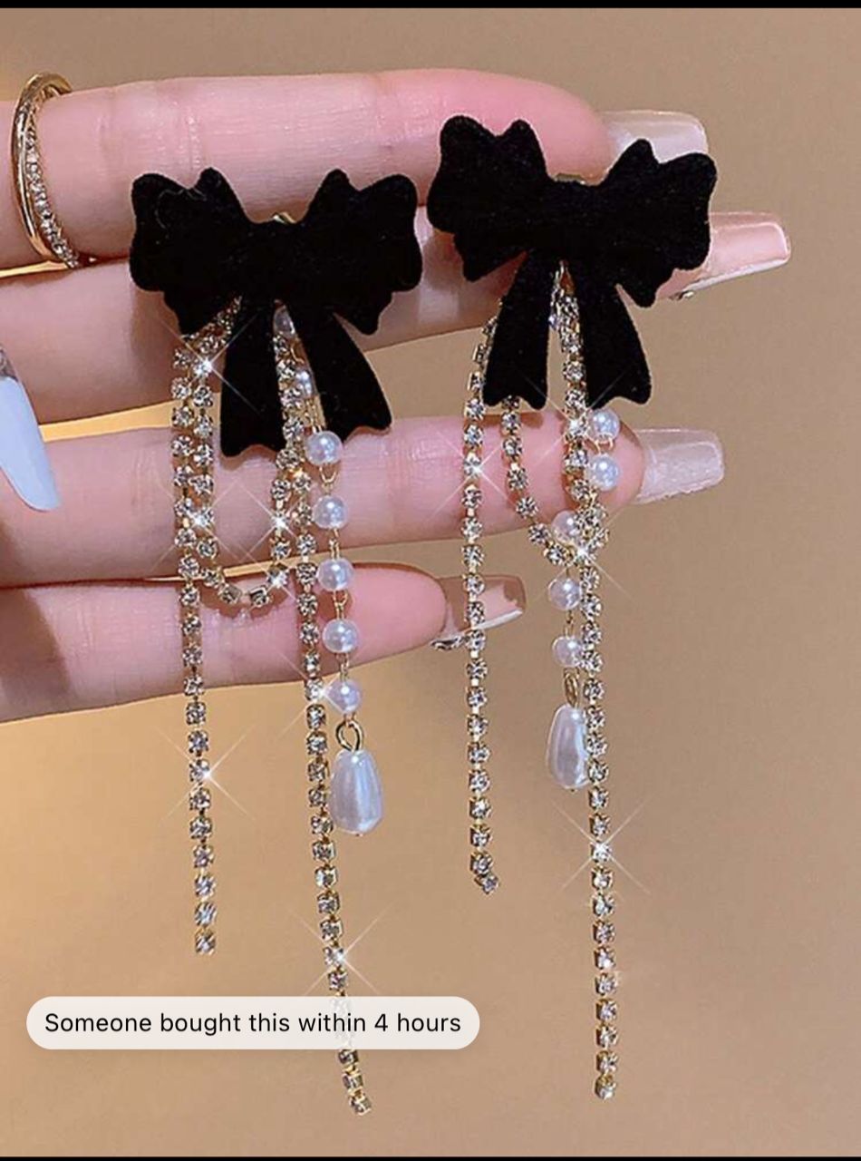 2pcs Black Bowknot Faux Pearl Pendant Earrings, Luxurious Rhinestone Chain Tassel Earrings, Long Trendy & Elegant Dangler For Women's Daily Wear, Parties, Gifts And Festive Occasions In New Arrival Jewelry Collection